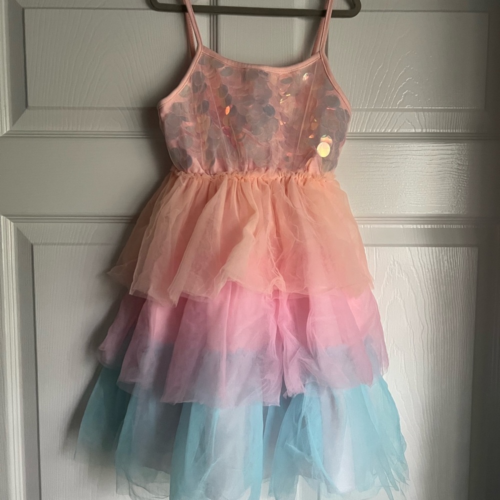 Lola + The Boys Pink Blue Ombre Tiered Tulle Mermaid Sequin Dress- Size 6